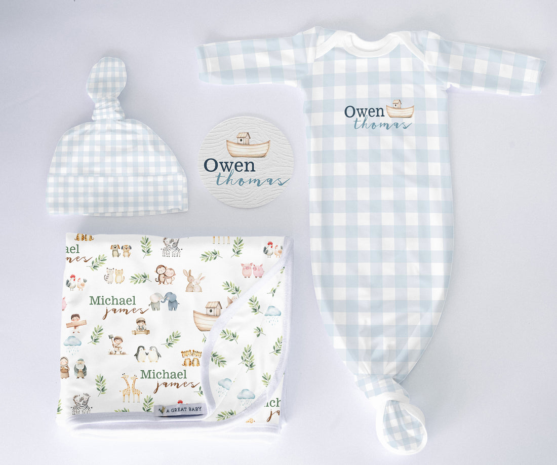Personalized Newborn Set – Noah's Ark Baby Gift Set With Soft Swaddle & Gown