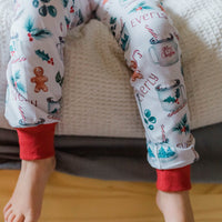Picture of the bottoms of hot cocoa christmas pajamas.