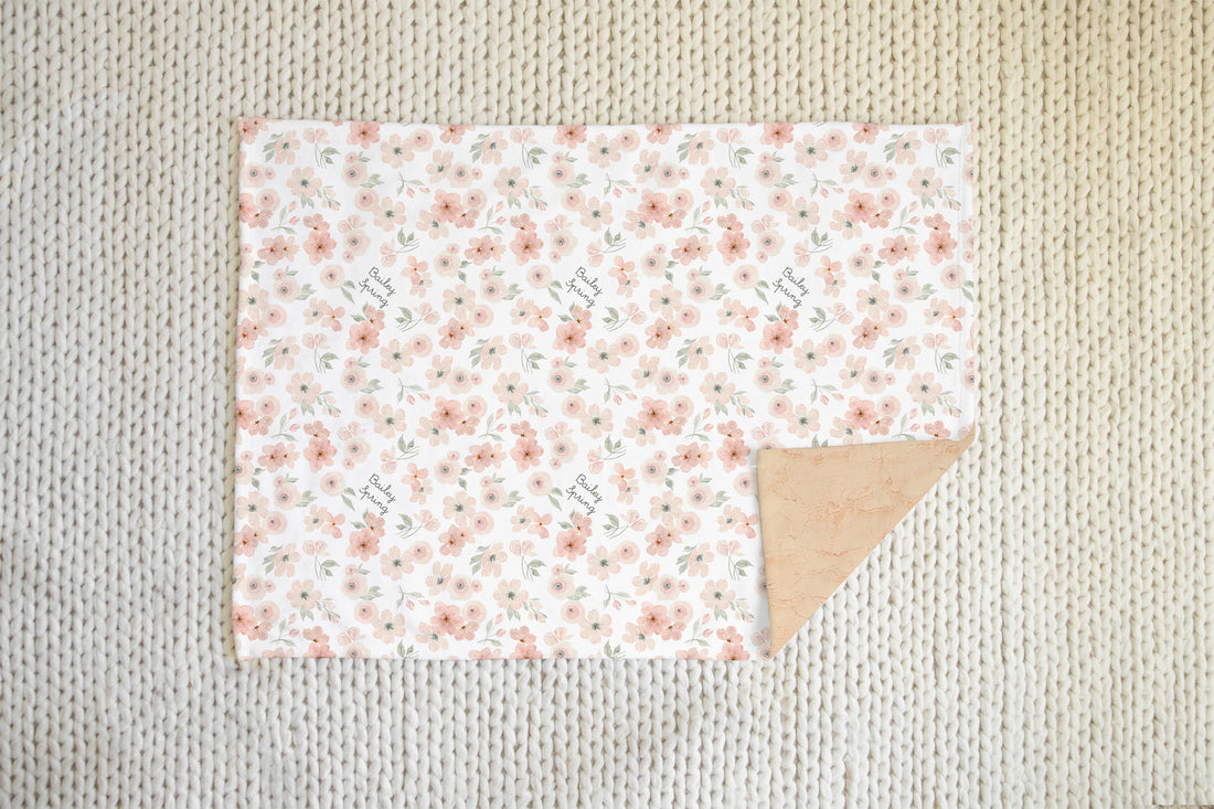 Personalized Baby Blanket - Peach Blossom Print Minky Fur Deluxe Gift
