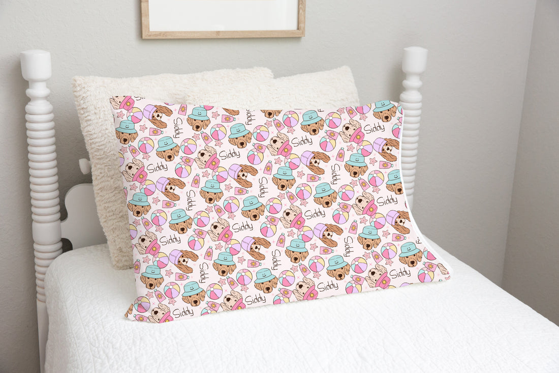 Personalized Pillowcase Girls – Pink Puppies Soft Minky Pillowcase with Satin Trim