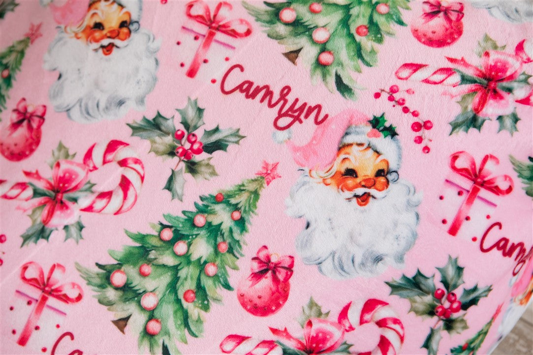 Close up photo of our Adult Pink Santa Pajamas.
