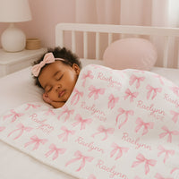 Personalized Baby Swaddle | Pink Coquette Bows Soft Stretchy Blanket Gift