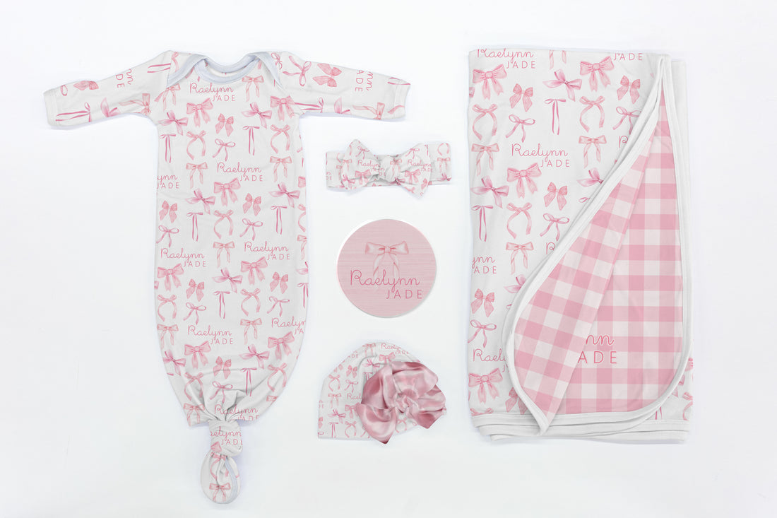 Baby Girl Take-Home Set – Pink Coquette Bows Newborn Gown & Swaddle Blanket