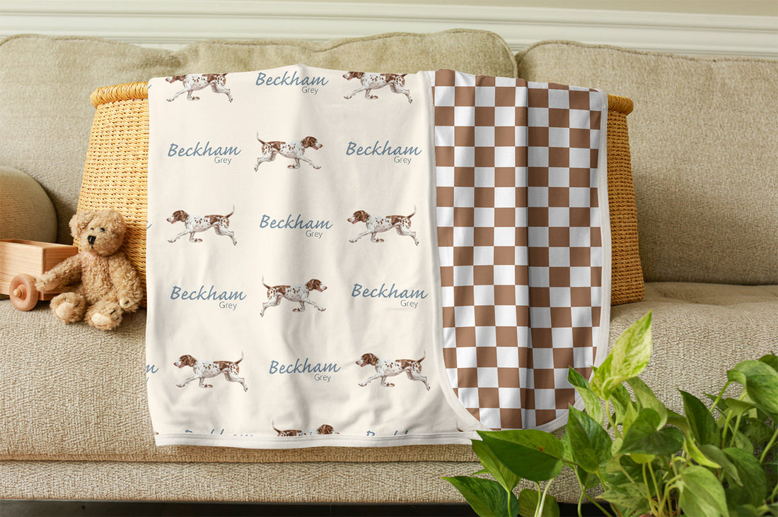 Personalized Baby Gift | Hunting Dog Baby Set with Custom Gown, Hat & Swaddle