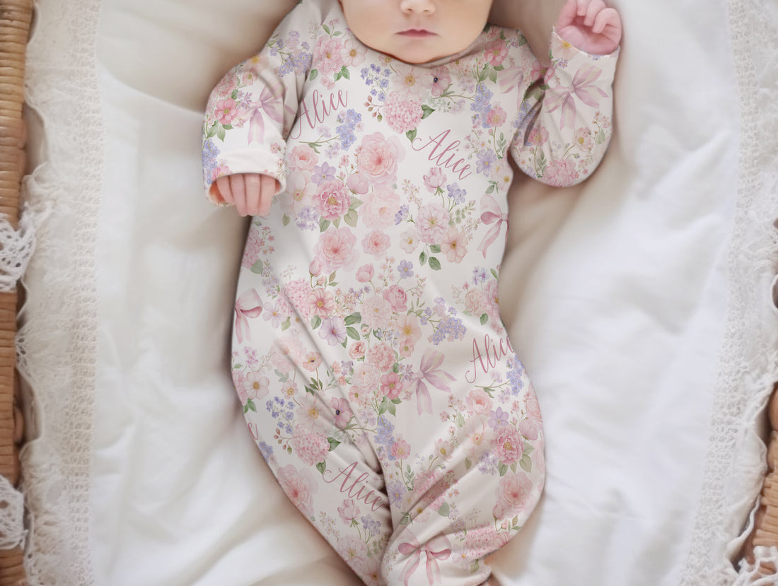 Personalized Baby Gown - Pretty in Pink Floral Tie Bottom Gown with Name