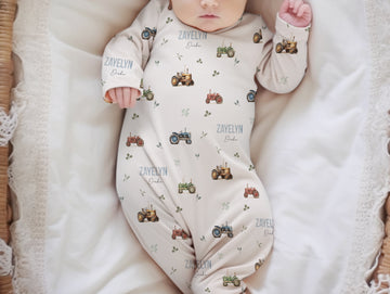 Tractor Days Baby Gown | Farm Theme Infant Outfit with Tie Bottom