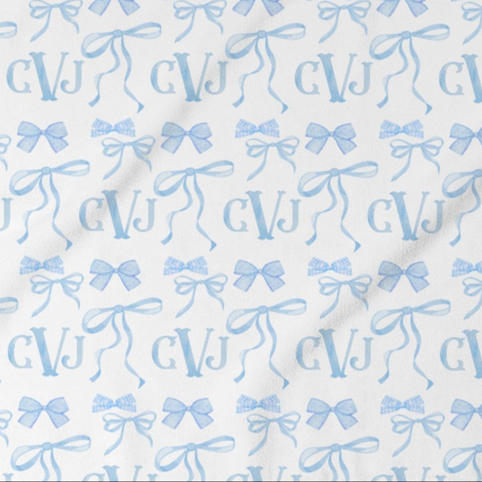 Monogram Baby Swaddle | Blue Bows Personalized Soft Newborn Blanket