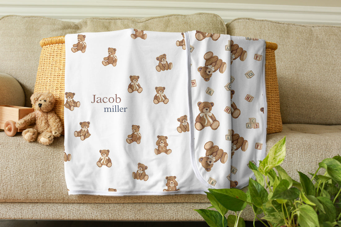 Personalized Baby Swaddle | Custom Teddy Bear Swaddle Blanket 42x38 Inches