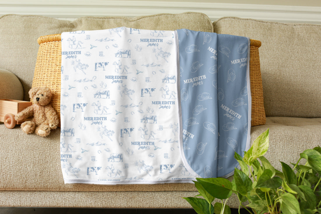 Western Toile Baby Set – Blue Cowboy Print Newborn Swaddle Blanket & Cozy Gown