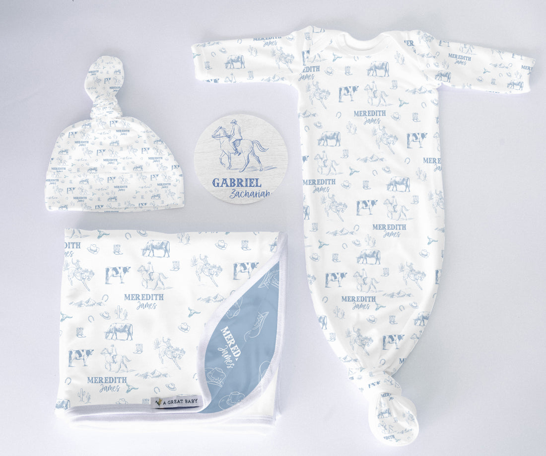 Western Toile Baby Set – Blue Cowboy Print Newborn Swaddle Blanket & Cozy Gown