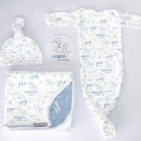 Western Toile Baby Set – Blue Cowboy Print Newborn Swaddle Blanket & Cozy Gown