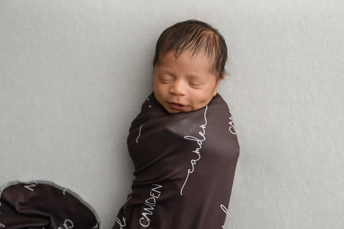 Stretchy Swaddle Blanket – Personalized Baby Wrap in Chocolate Brown, Large & Soft