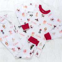 kids custom pajamas with christmas puppies in boys and wreathes with their name, red cuffs