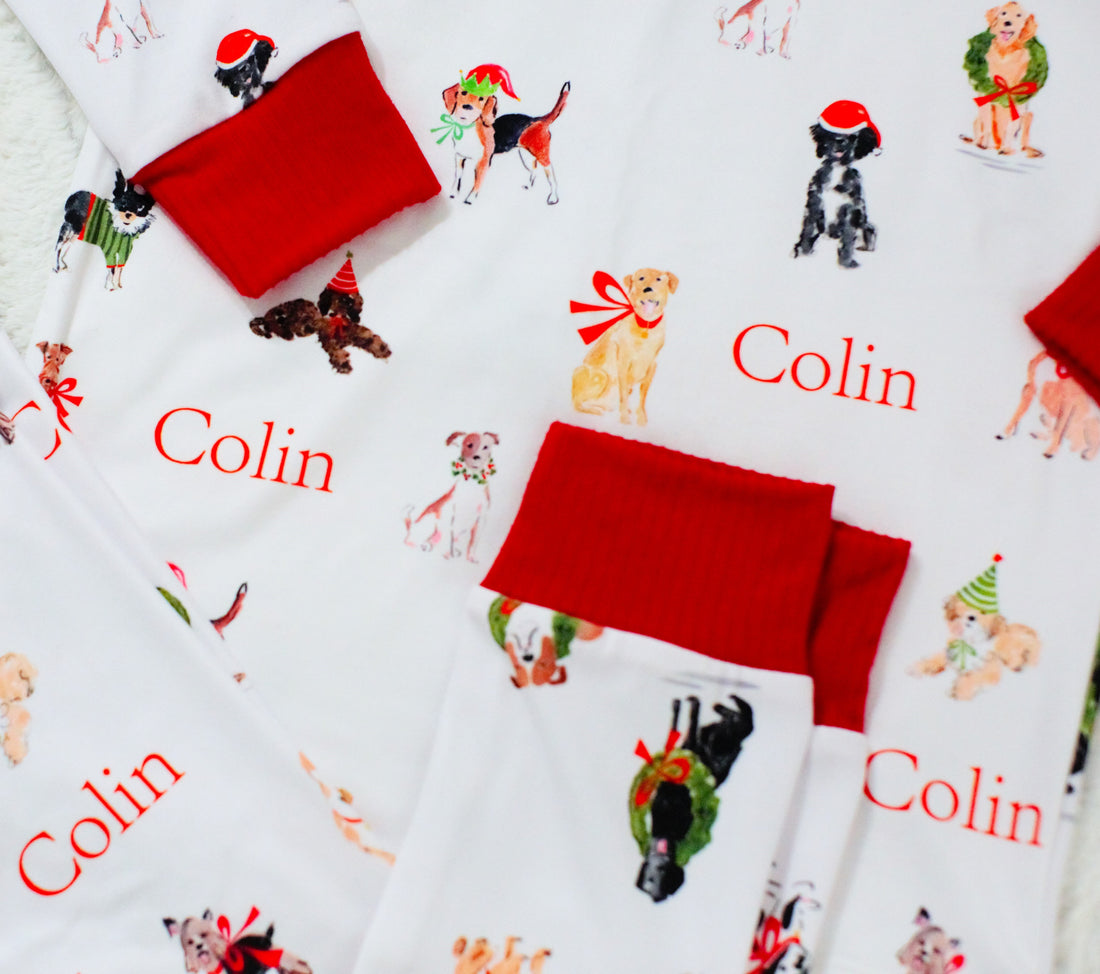 kids custom pajamas with christmas puppies in boys and wreathes with their name, red cuffs