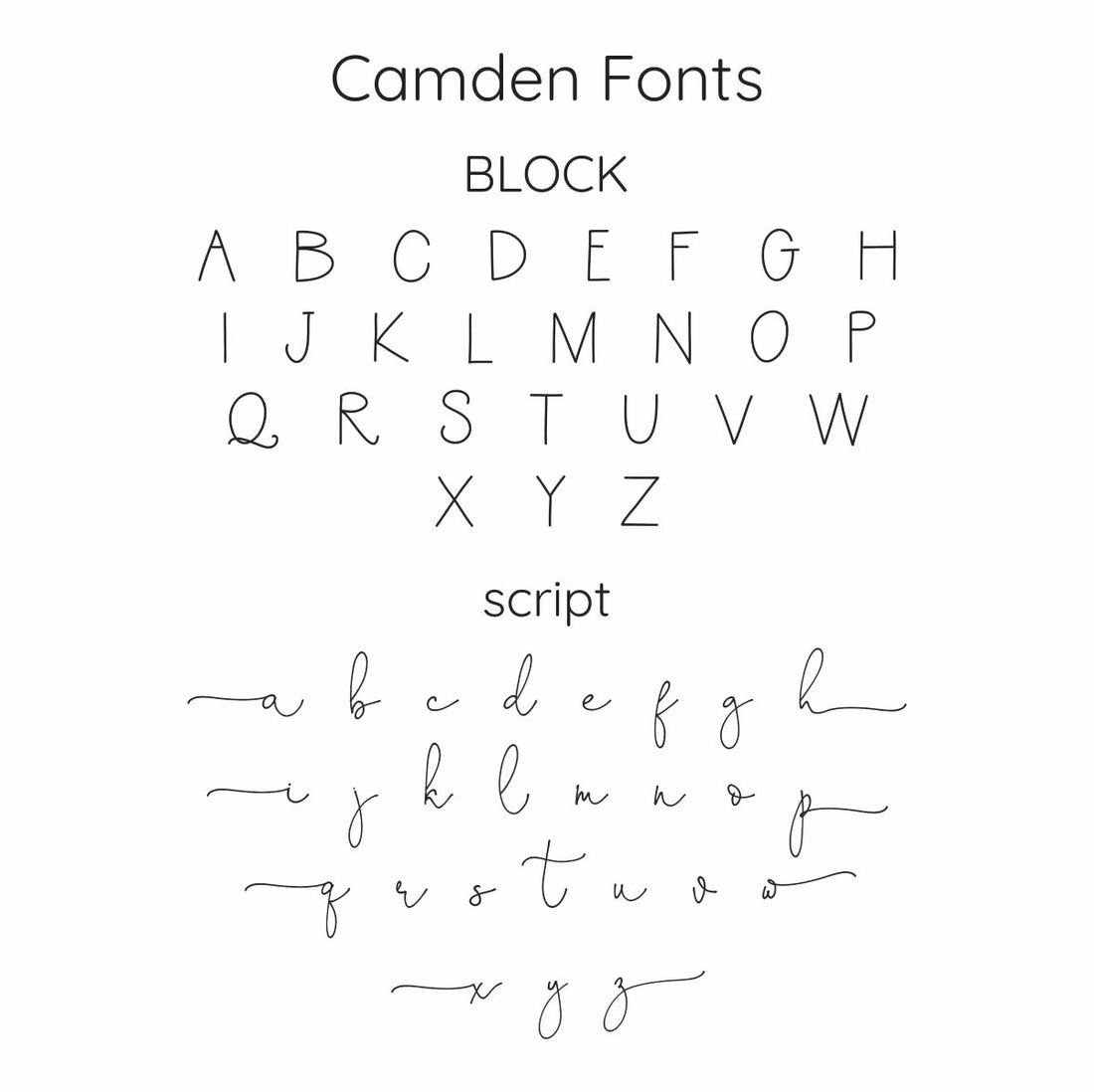 Picture of the different fonts available for the camden personalized baby products