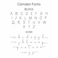 Picture of the different fonts available for the camden personalized baby products