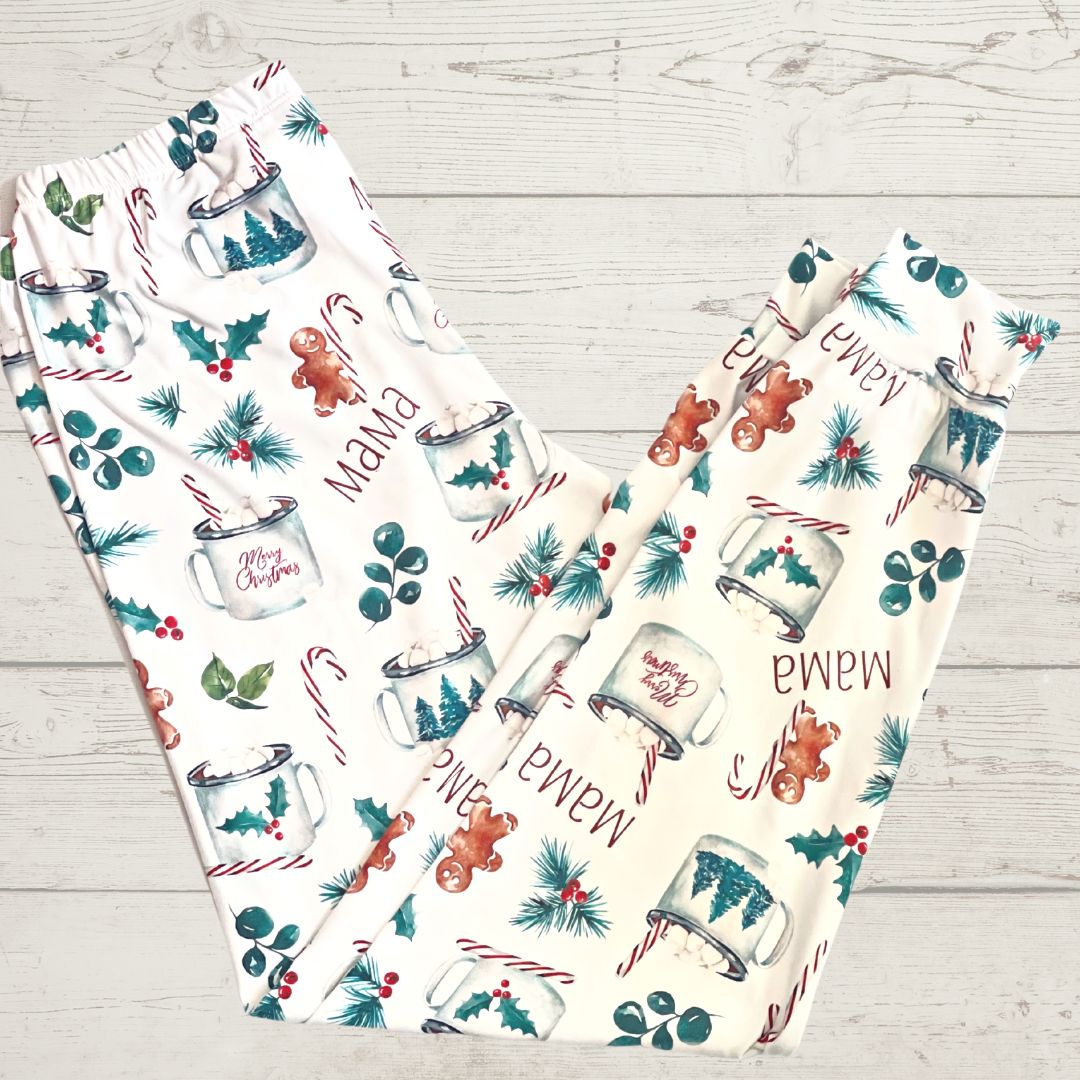 Picture of hot cocoa personalized Christmas pajamas.