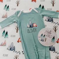 The Great Outdoors Baby Infant Gown Tie bottom gown that is personalized. Sage Green Baby Gown with name, mountains, trees, bear.