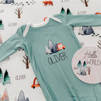 The Great Outdoors Baby Infant Gown Tie bottom gown that is personalized. Sage Green Baby Gown with name, mountains, trees, bear.