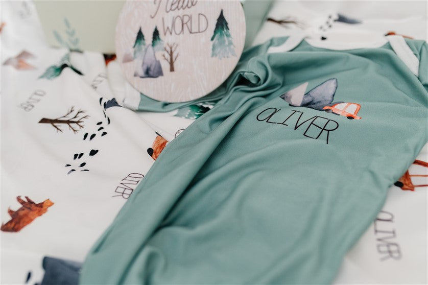 The Great Outdoors Baby Infant Gown Tie bottom gown that is personalized. Sage Green Baby Gown with name, mountains, trees, bear.