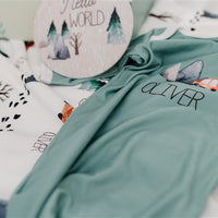 The Great Outdoors Baby Infant Gown Tie bottom gown that is personalized. Sage Green Baby Gown with name, mountains, trees, bear.