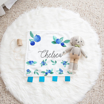Blueberry Lovie for Babies: 16" White Minky & Turquoise Fur Square Blanket with Ribbon Taggies