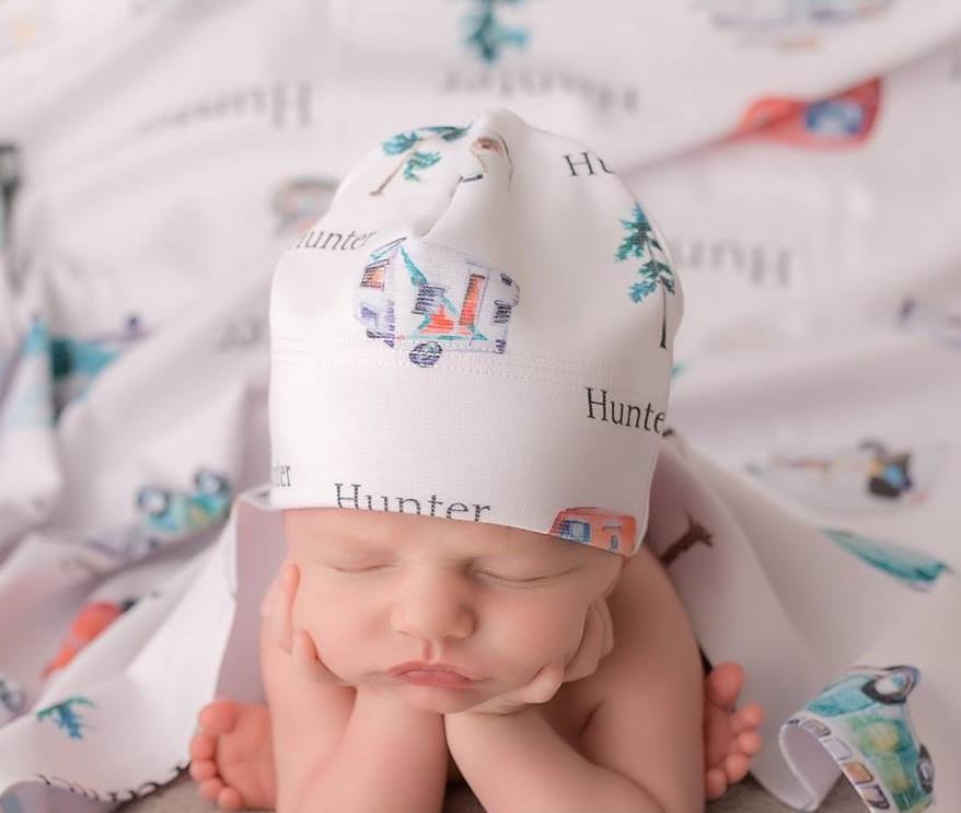 infant hat with campers and name