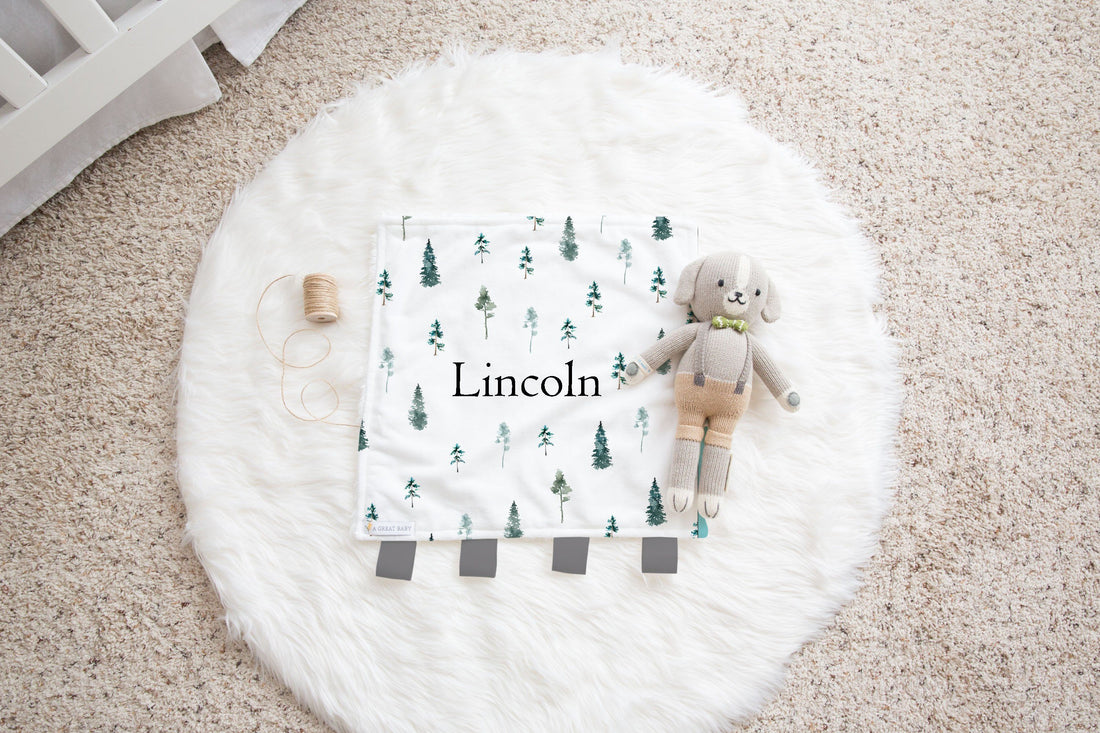 White Minky & Green Pines Fur Lovie Blanket Toy with Hunter Green Ribbon Tags | Cozy Baby Comfort Square