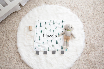 White Minky & Green Fur Lovie Blanket Toy with Hunter Green Ribbon Tags | Cozy Baby Comfort Square