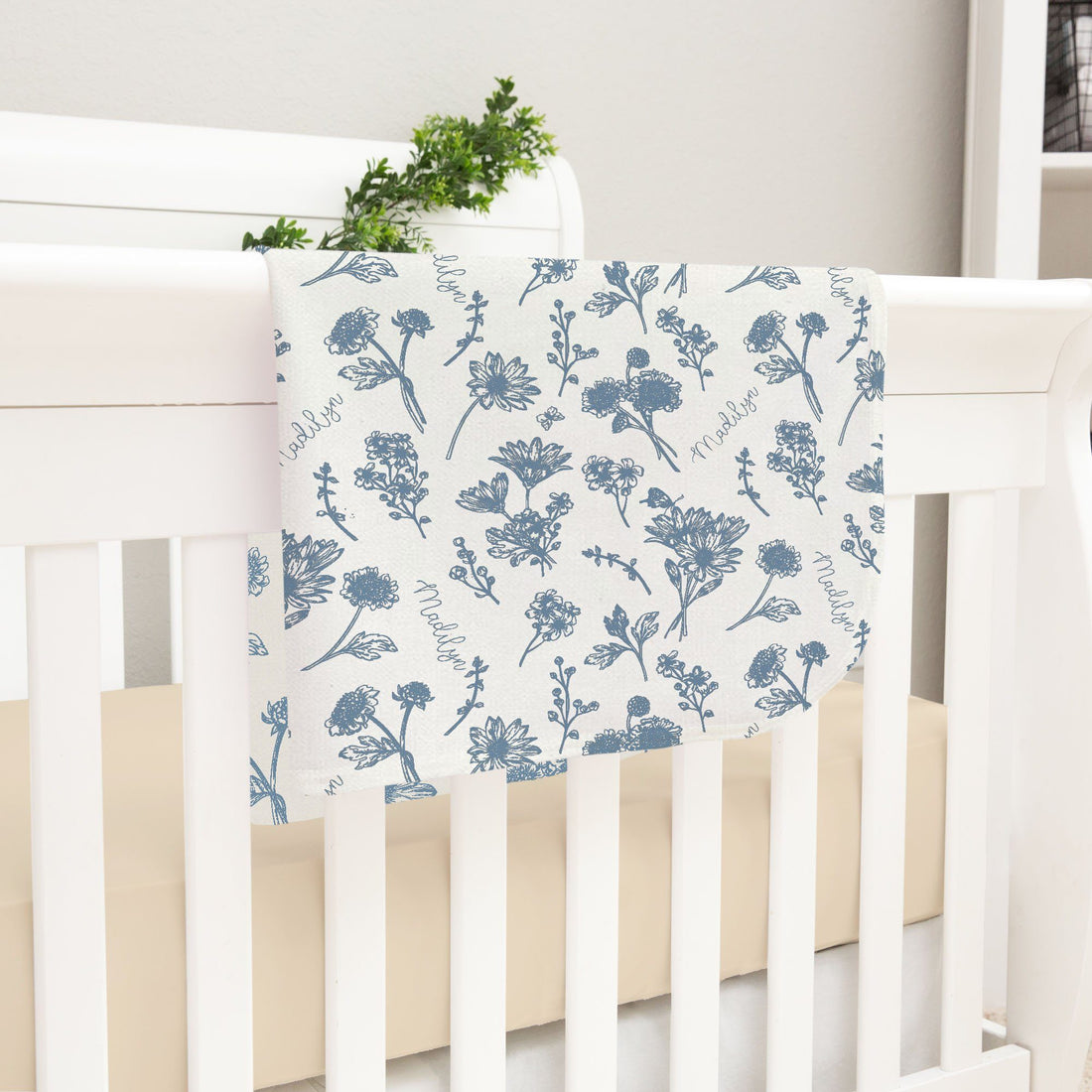 Keepsake Blankie – Personalized Blue Floral Baby Swaddle Blanket with Satin Trim