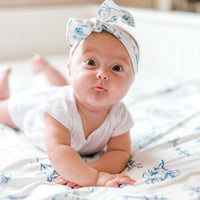 Keepsake Blankie – Personalized Blue Floral Baby Swaddle Blanket with Satin Trim