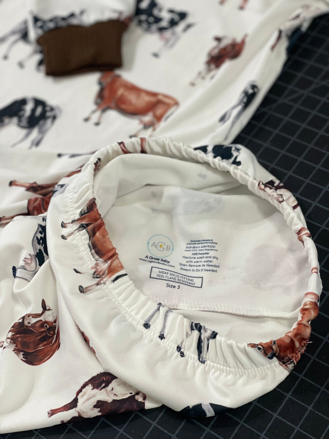 The luxury material used for our personalized cow pajamas. The pajamas have an elastic waistband for a comfortable fit when kids wear them.