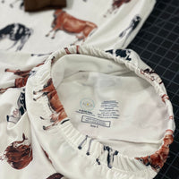 The luxury material used for our personalized cow pajamas. The pajamas have an elastic waistband for a comfortable fit when kids wear them.