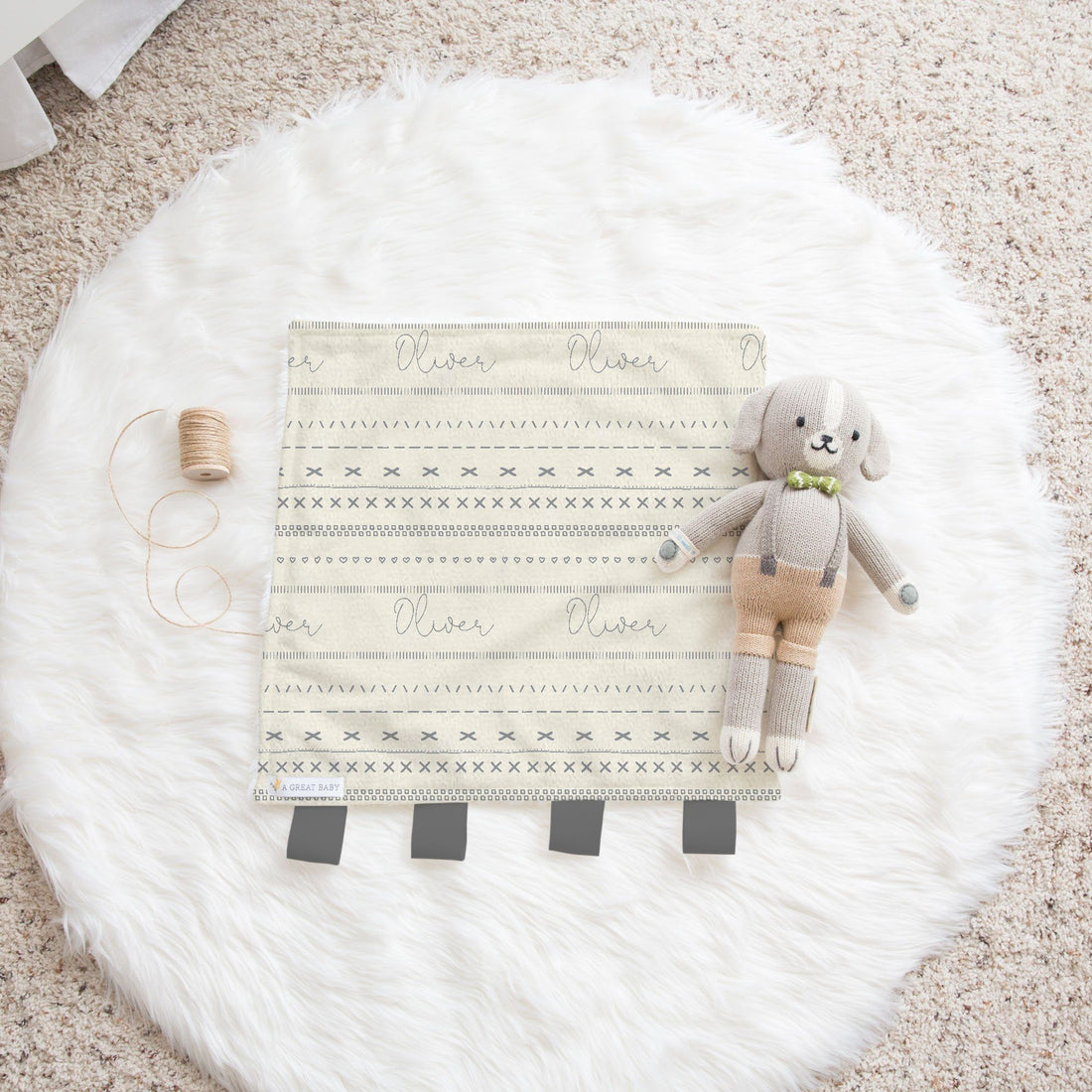Gray Mudcloth Tribal Lovie with Ribbon Taggies & Soft Fur Back - 16x16 Baby Security Blanket