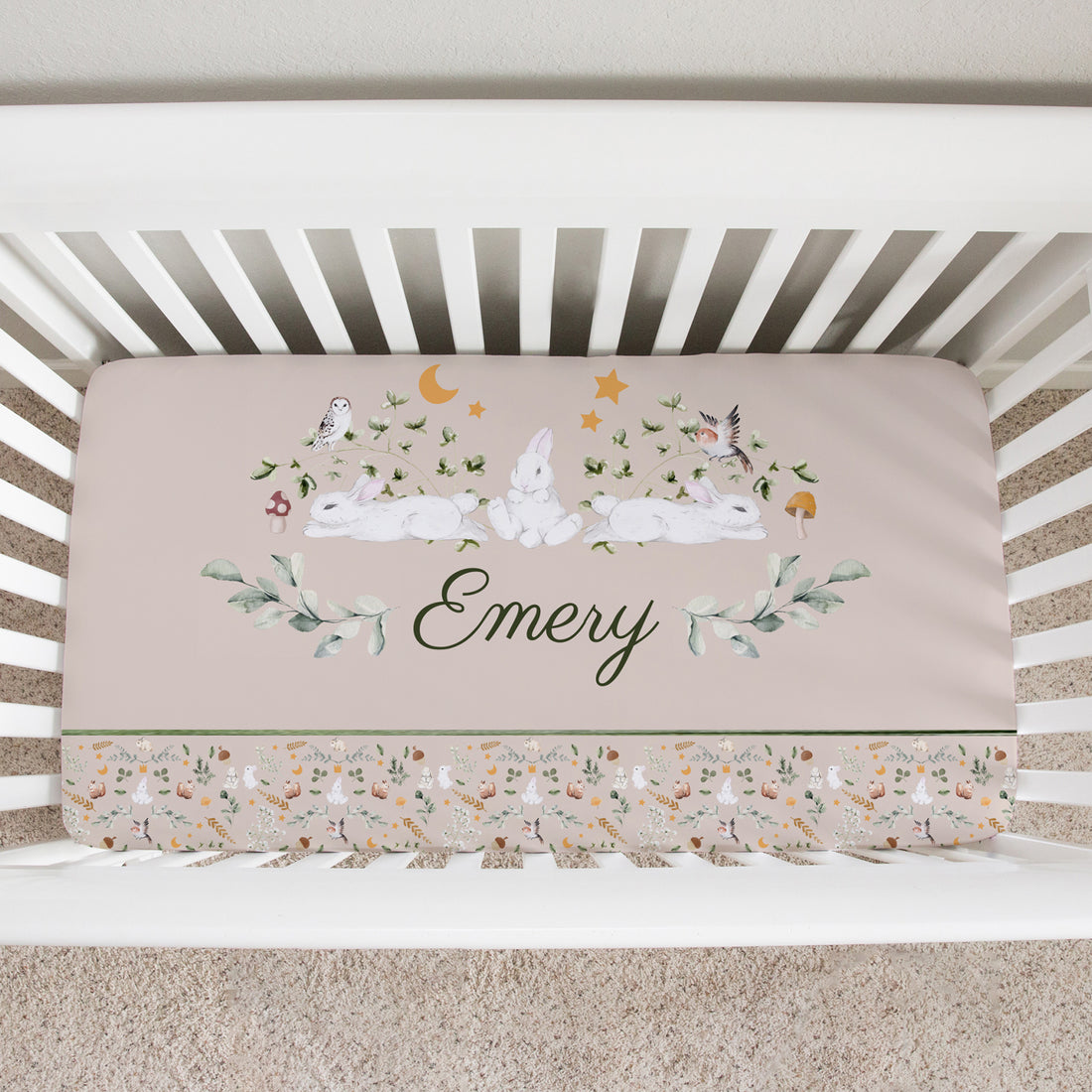 Bunny Garden Crib Sheet: Blush Pink with Personalized Name, White Bunnies & Greenery | Cozy Nursery Bedding