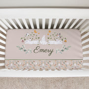 Bunny Garden Crib Sheet: Blush Pink with Personalized Name, White Bunnies & Greenery | Cozy Nursery Bedding