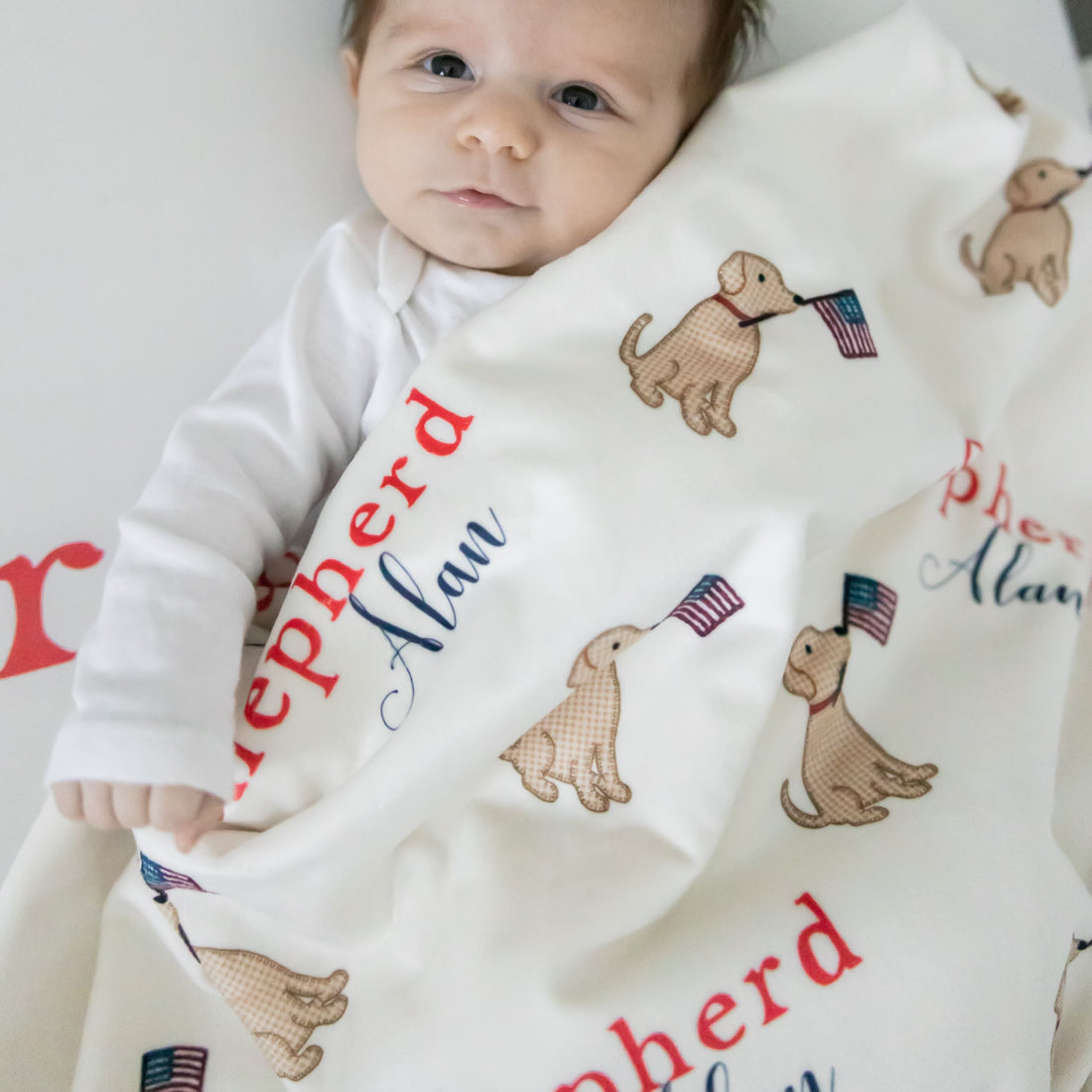 Patriotic Puppy Blankie - Personalized Baby Keepsake Blanket with Satin Trim
