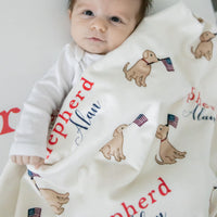Patriotic Puppy Blankie - Personalized Baby Keepsake Blanket with Satin Trim