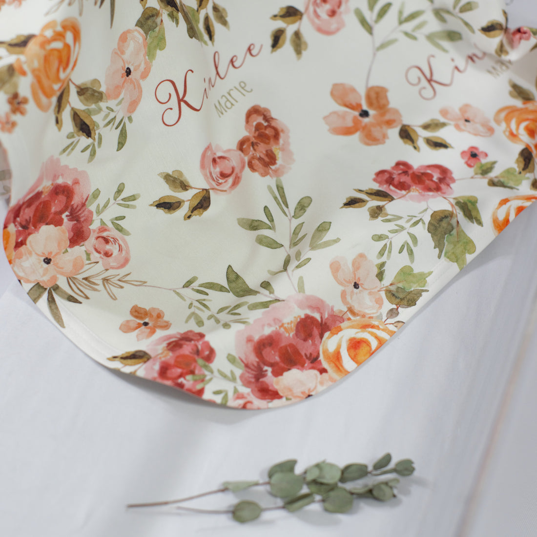 Personalized Baby Blanket – Fall Floral Keepsake Swaddle Blanket with Satin Trim