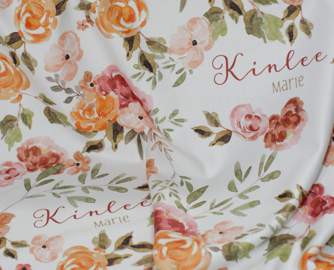 Personalized Baby Blanket – Fall Floral Keepsake Swaddle Blanket with Satin Trim