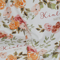 Personalized Baby Blanket – Fall Floral Keepsake Swaddle Blanket with Satin Trim