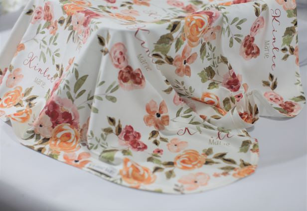 Personalized Baby Blanket – Fall Floral Keepsake Swaddle Blanket with Satin Trim