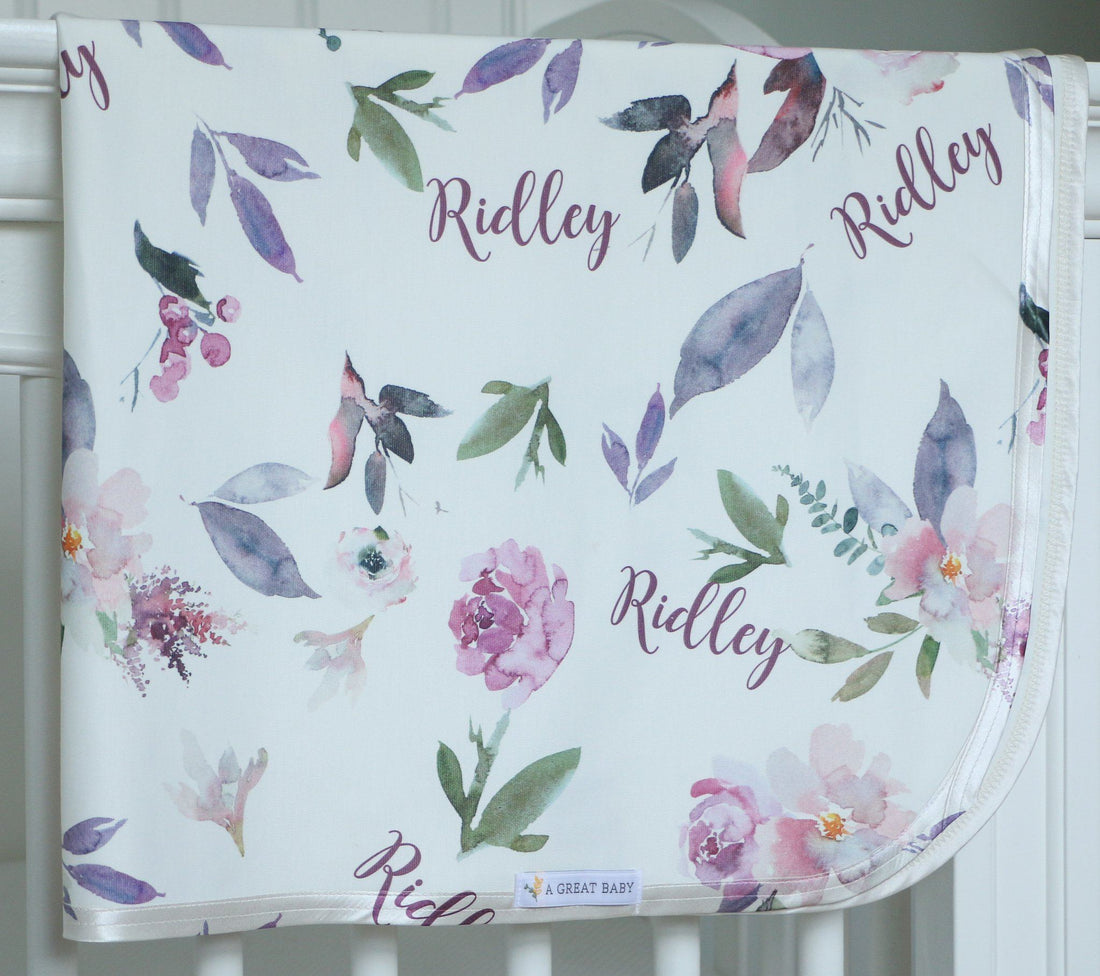Plum Perfect Blankie - Personalized Baby Swaddle Blanket With Satin Trim Wrap