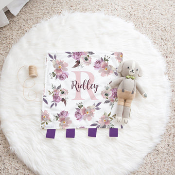 Plum Perfect Personalized Lovie: Ivory Minky with Purple Floral & Plum Fur | Baby's Name & Ribbon Taggies