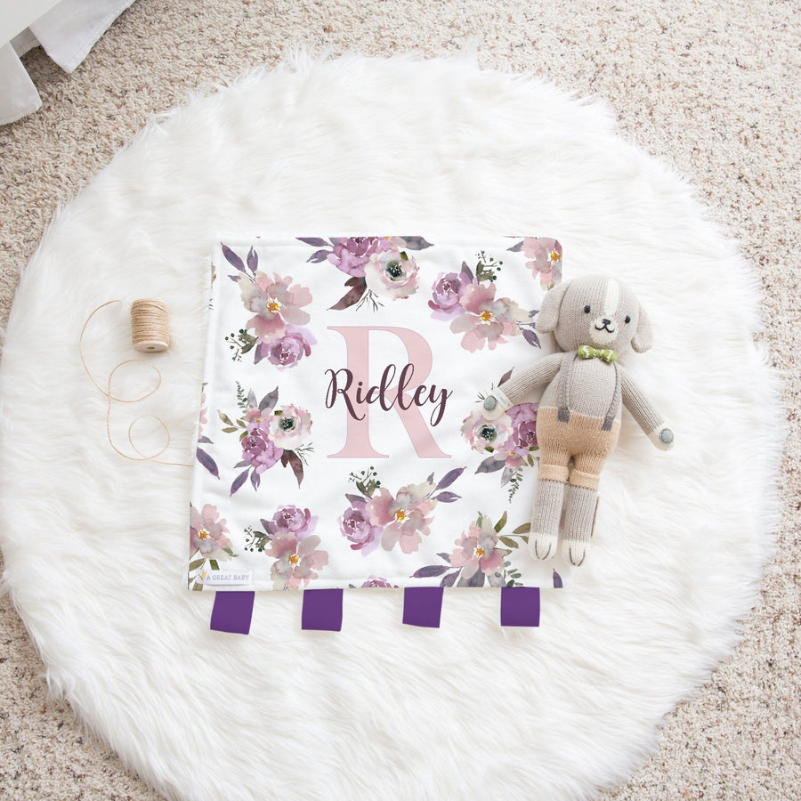Plum Perfect Personalized Lovie: Ivory Minky with Purple Floral & Plum Fur | Baby's Name & Ribbon Taggies