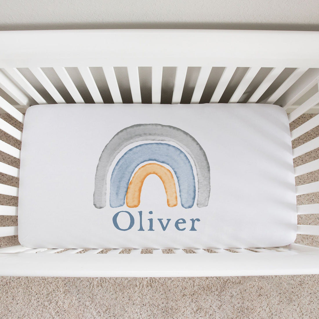 Personalized Neutral Rainbow Crib Sheet with Baby's Name | Durable Double Brushed Poly Knit Fabric