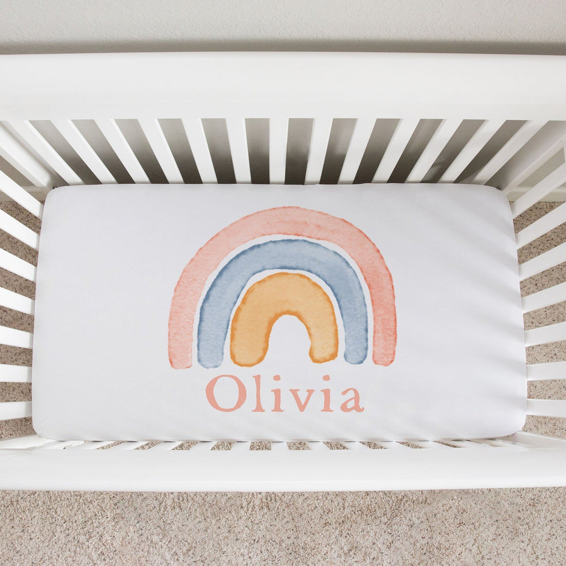 Personalized Neutral Rainbow Crib Sheet with Baby's Name | Durable Double Brushed Poly Knit Fabric