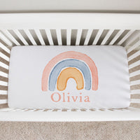 Personalized Neutral Rainbow Crib Sheet with Baby's Name | Durable Double Brushed Poly Knit Fabric