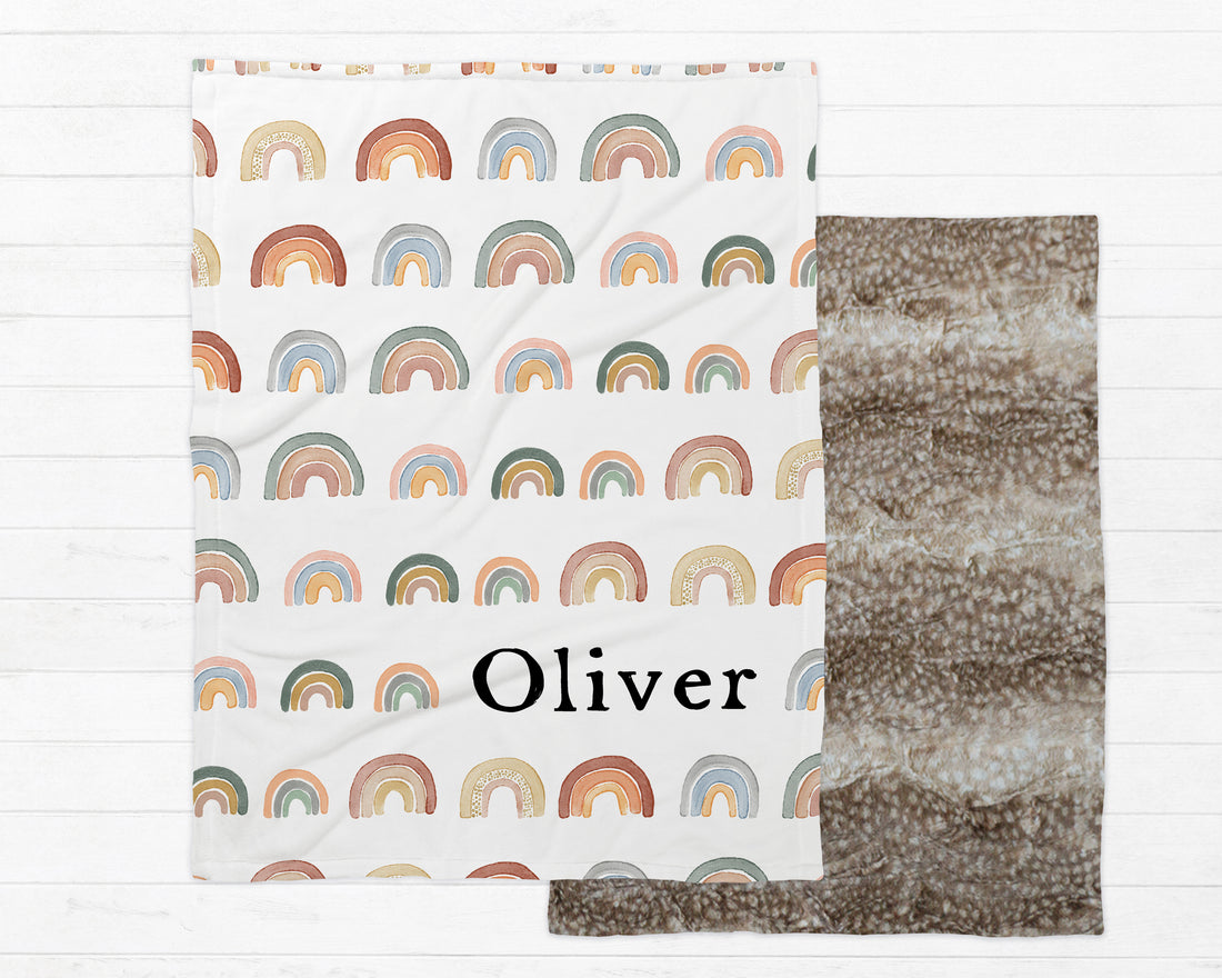 Neutral Rainbow Blanket - Personalized Kids Blanket With Soft Minky Fabric & Plush Warm Throw