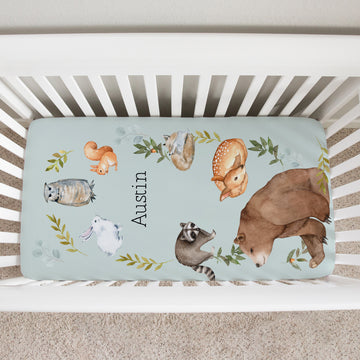 Personalized and Custom Made Woodland Fern Teal Crib Sheet